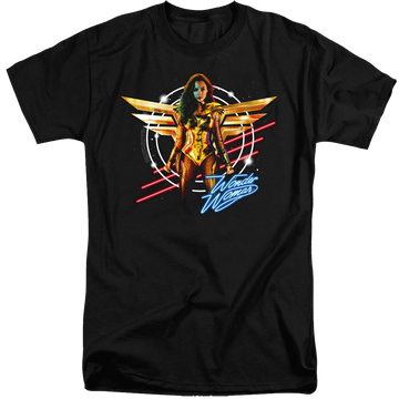Black men's tall fit t-shirt with Wonder Woman 1984 Space Poster graphic