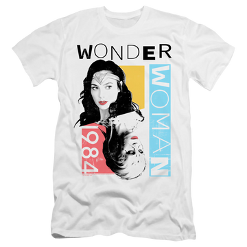 White men's premium slim fit t-shirt with Wonder Woman 1984 Color Blocks graphic