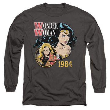 Charcoal men's long sleeve t-shirt with Wonder Woman 1984 84 Retro graphic