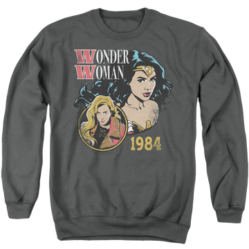 Charcoal men's crewneck sweatshirt with Wonder Woman 1984 84 Retro graphic