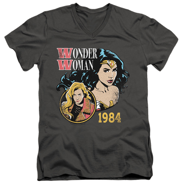 Charcoal men's v-neck t-shirt with Wonder Woman 1984 84 Retro graphic