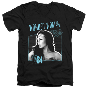 Black men's v-neck t-shirt with Wonder Woman 1984 Thin Line graphic