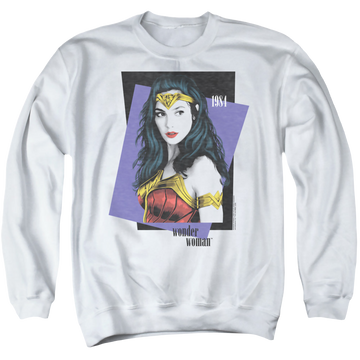 White men's crewneck sweatshirt with Wonder Woman 1984 Strike A Pose graphic