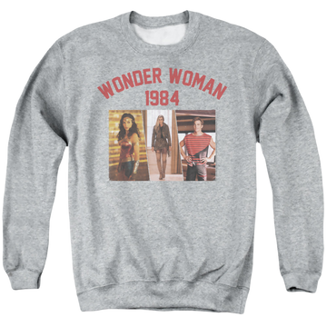 Athletic heather men's crewneck sweatshirt with Wonder Woman 1984 Collegiate Montage graphic