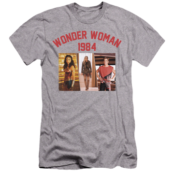 Athletic heather men's premium slim fit t-shirt with Wonder Woman 1984 Collegiate Montage graphic