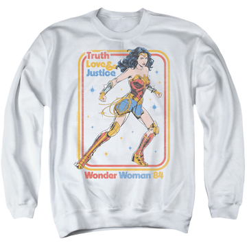 White men's crewneck sweatshirt with Wonder Woman 1984 Retro Justice 84 graphic