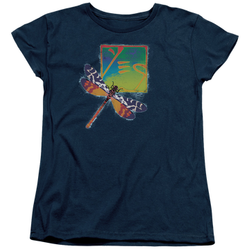 Navy women's t-shirt with Yes Dragonfly graphic