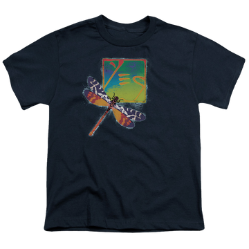 Navy youth t-shirt for ages 8 to 12 with Yes Dragonfly graphic